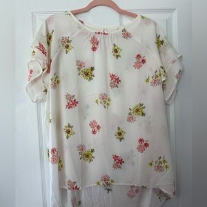 LOFT White Floral High-Low Flutter Sleeve Blouse